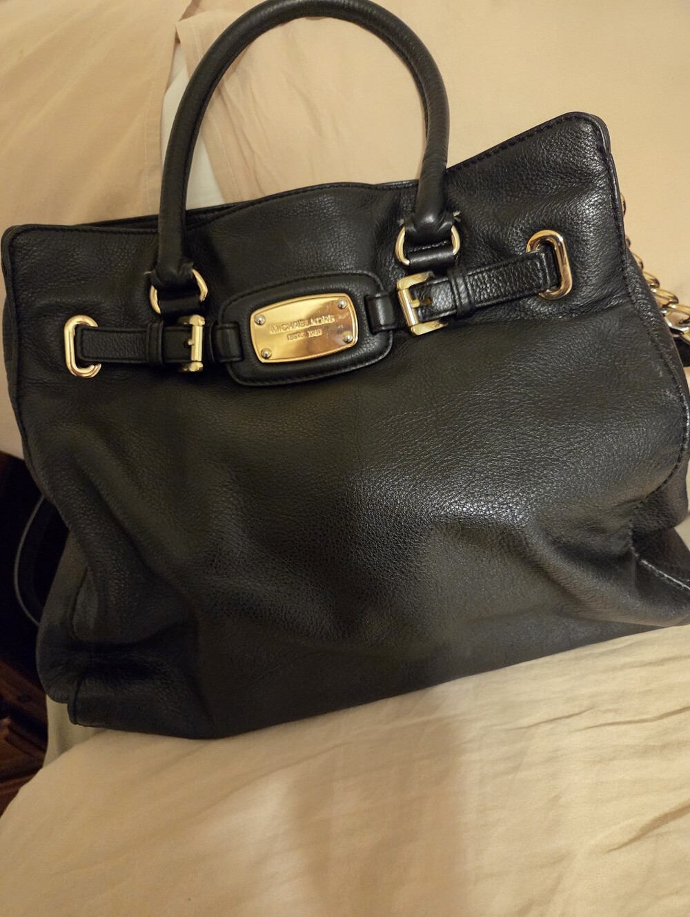 Michael Kors Black Leather Crossbody/Satchel Bag with Gold Plaque Excellent